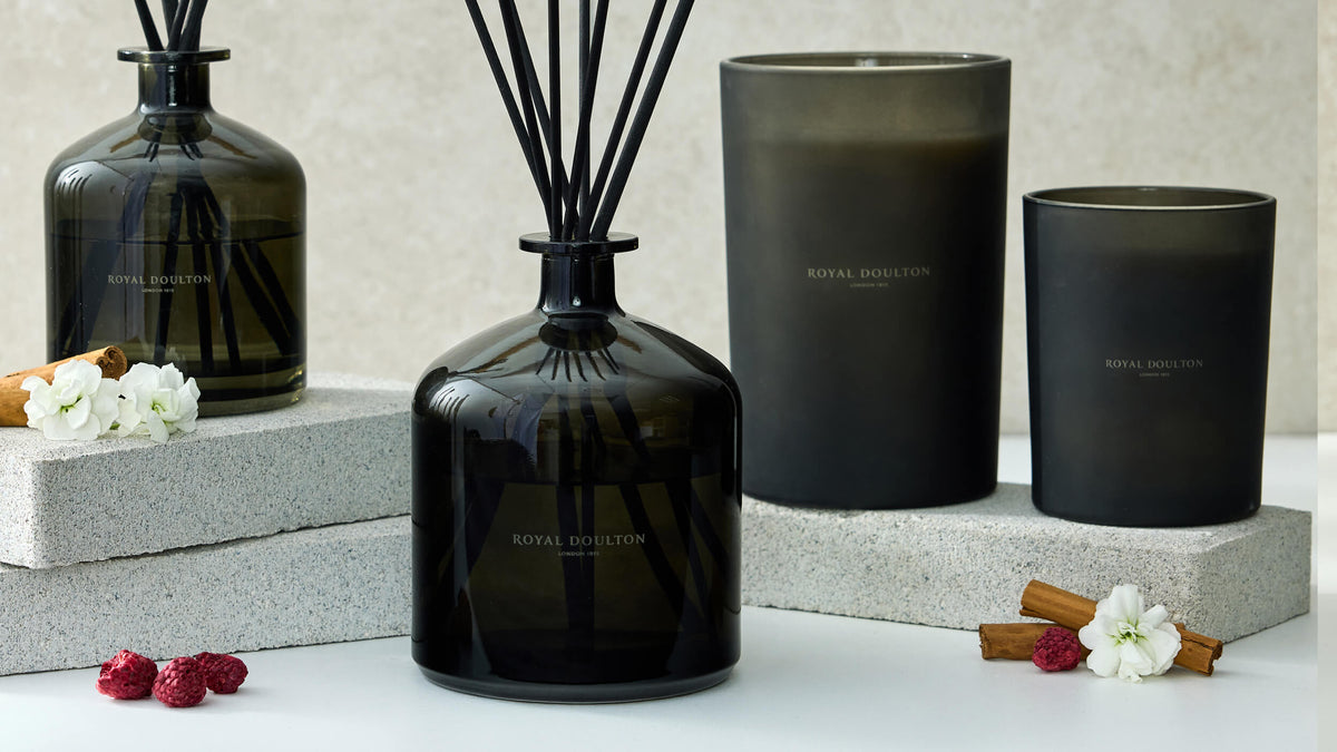 Royal Doulton Nocturne dark glass diffusers and candles with flowers, berries and cinnamon