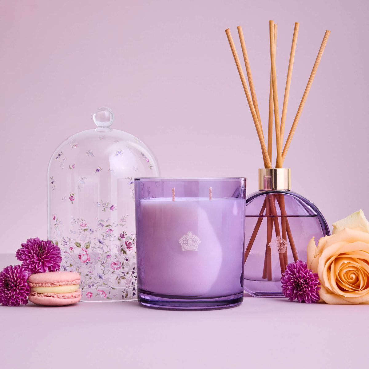 Royal Albert Rosewood and Amber candle and diffuser in purple floral glass