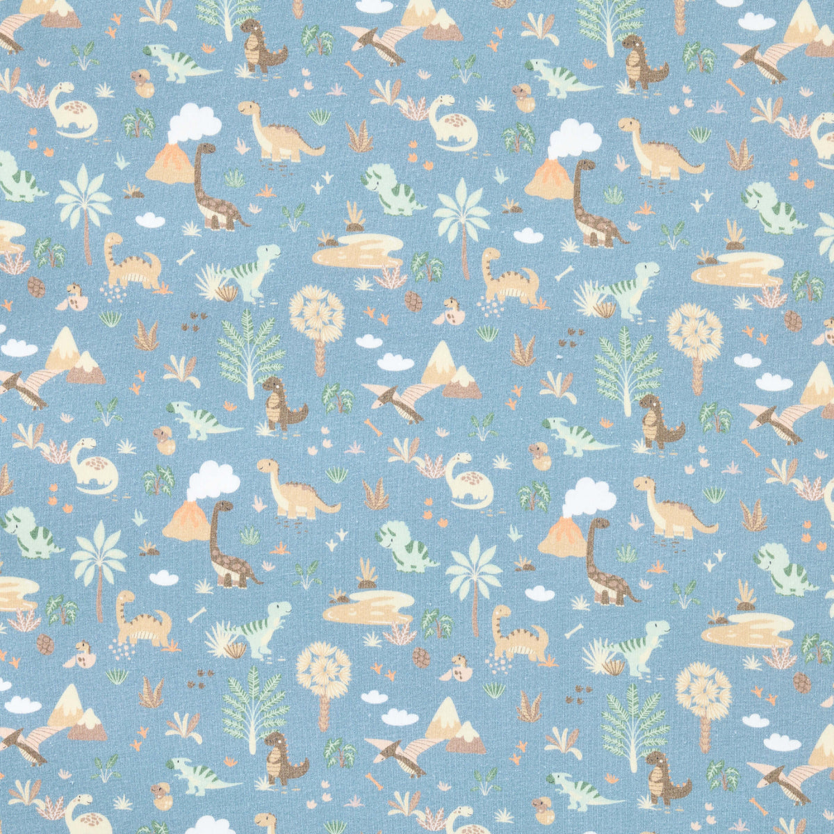 Blue Twill & Co nursery print with illustrated dinosaurs, palm trees, volcanoes and clouds