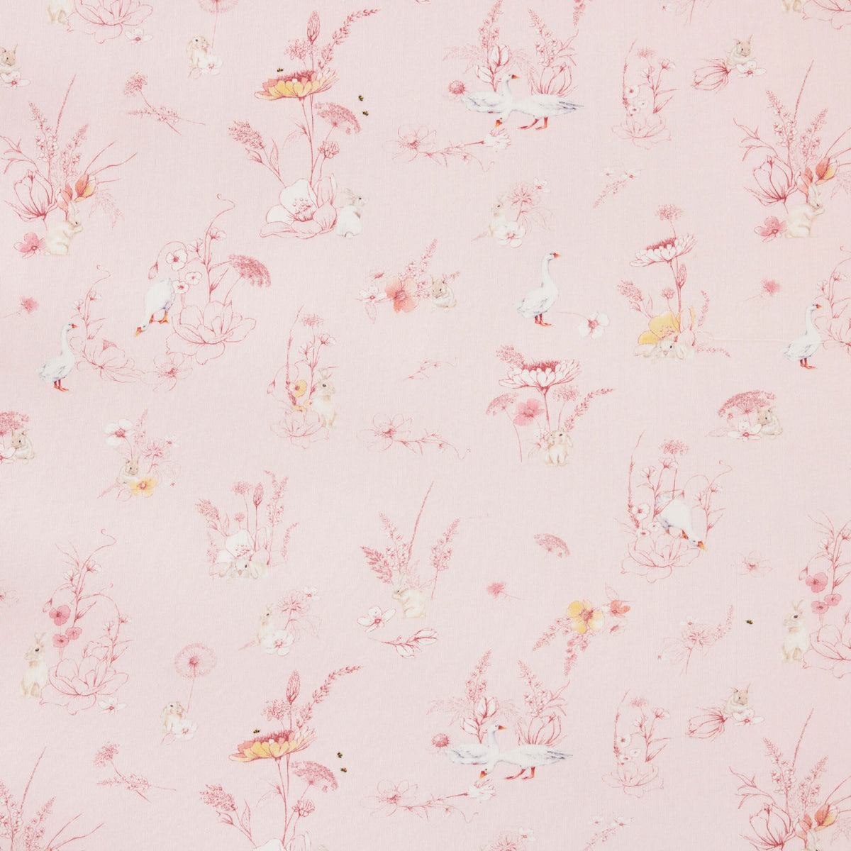 Pale pink Twill & Co nursery pattern with delicate rabbit, flower and goose illustrations