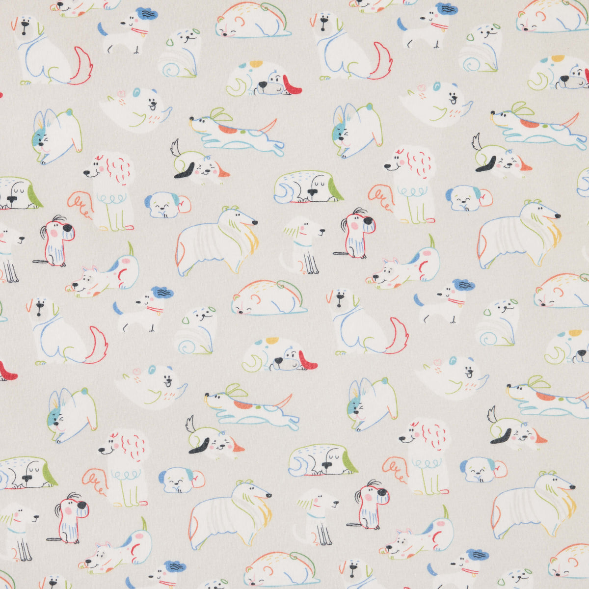 Twill & Co dog-patterned nursery fabric with colourful line-drawn dogs on a light grey background