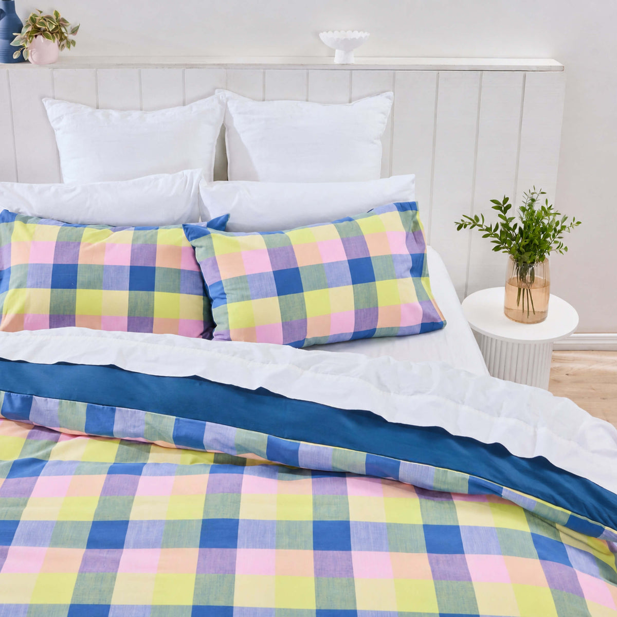 Twill & Co Joelle duvet set with blue, yellow and pink checks and a deep blue reverse
