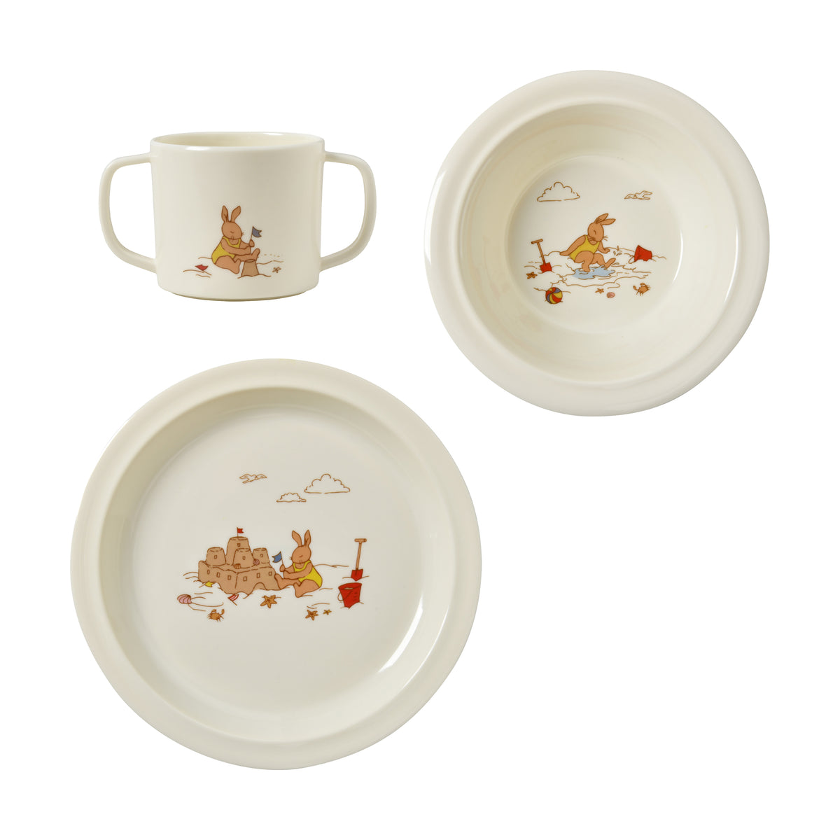 Royal Doulton Bunnykins natural feeding set with a handled cup and two dishes