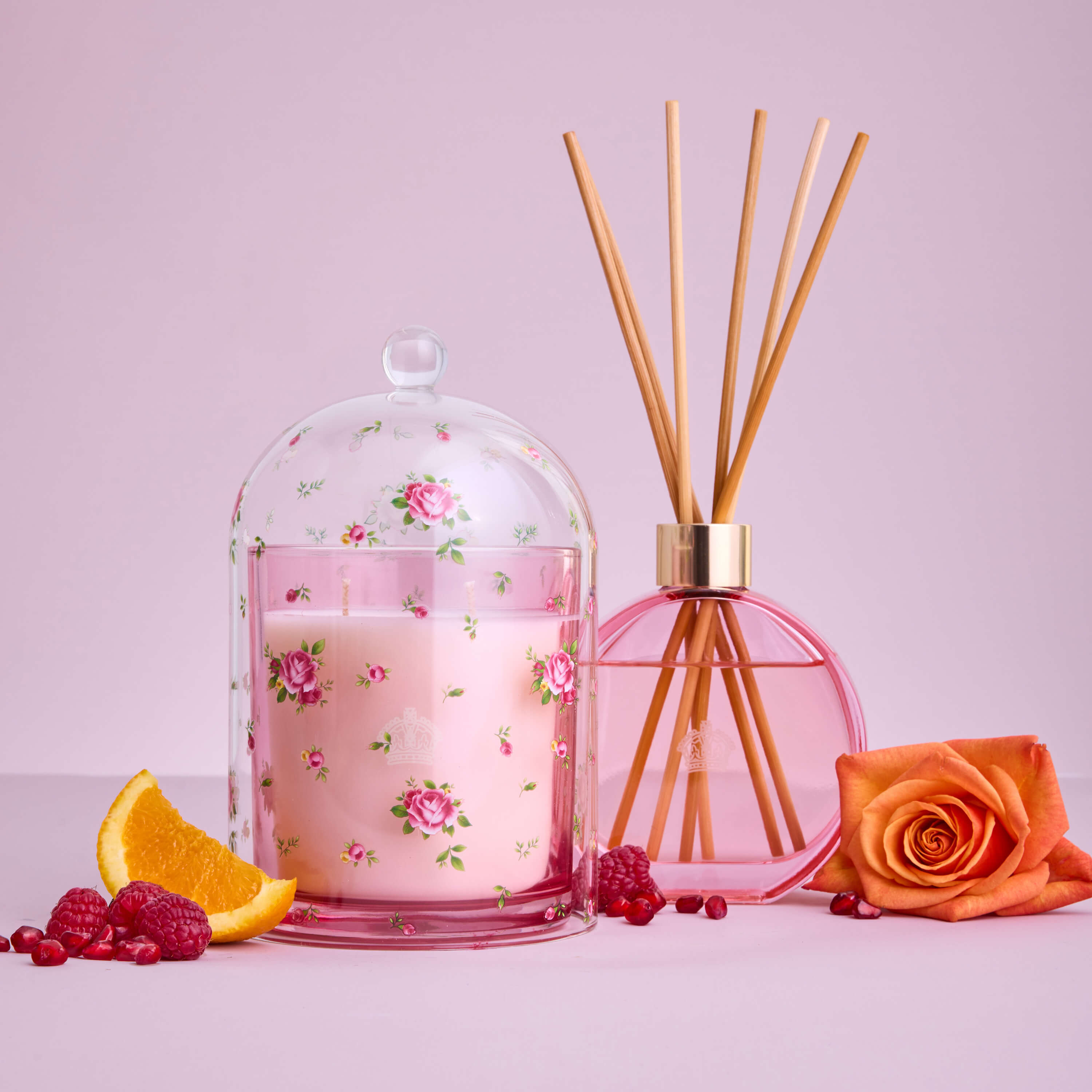 Royal Albert Pomegranate Blossom candle and diffuser in pink floral glass