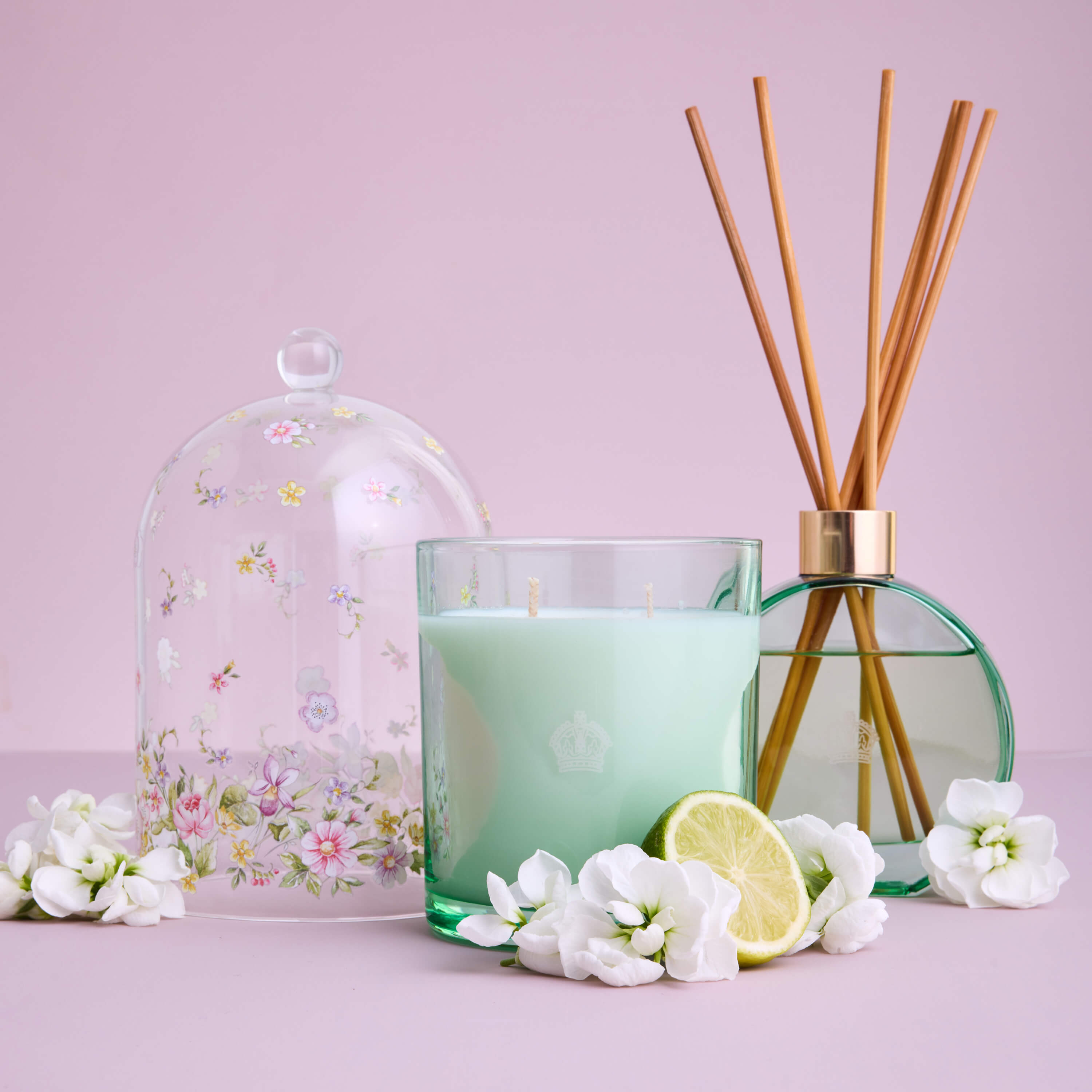 Royal Albert Velvet Jasmine and Citrus candle and diffuser in green floral glass
