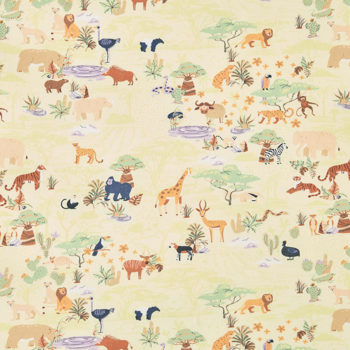 Twill & Co nursery print showing lions, giraffes, elephants and other animals on pale yellow