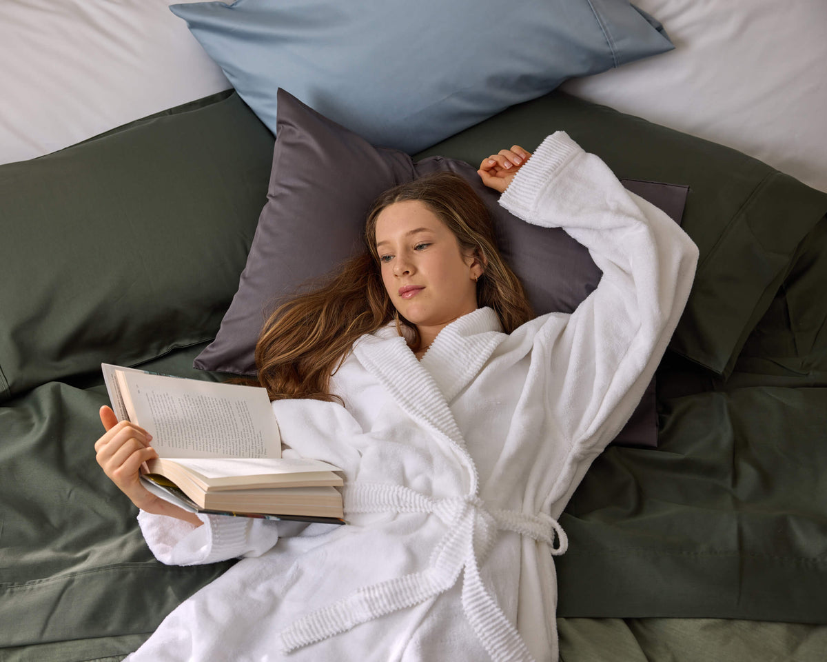Royal Doulton Sola sheet set styled on a bed