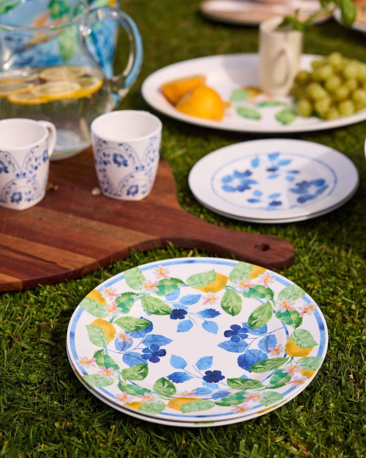 Lemon-and-leaf patterned Twill & Co plate on grass with blue floral cups and plates behind