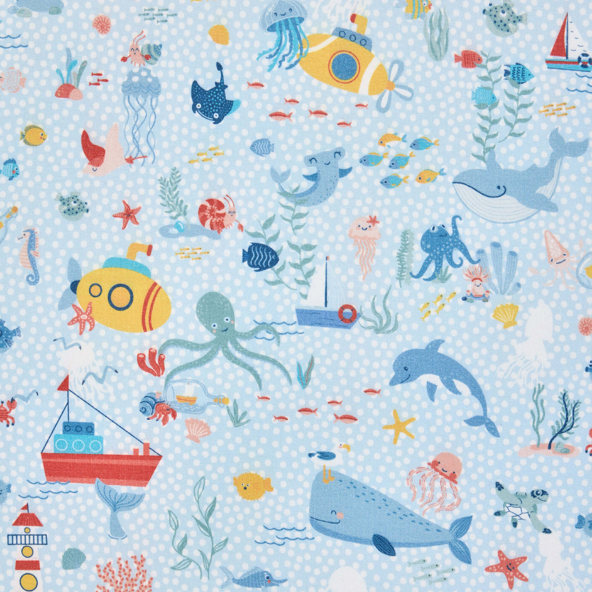 Light blue Twill & Co sea-life print with whales, jellyfish, octopuses and yellow submarines
