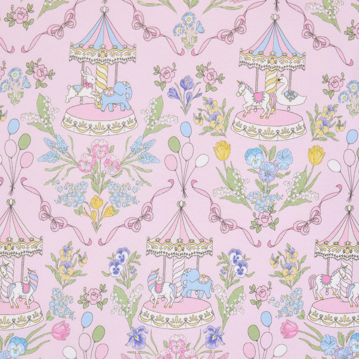 Pink Twill & Co nursery print with pastel carousels, unicorns, elephants, flowers and balloons