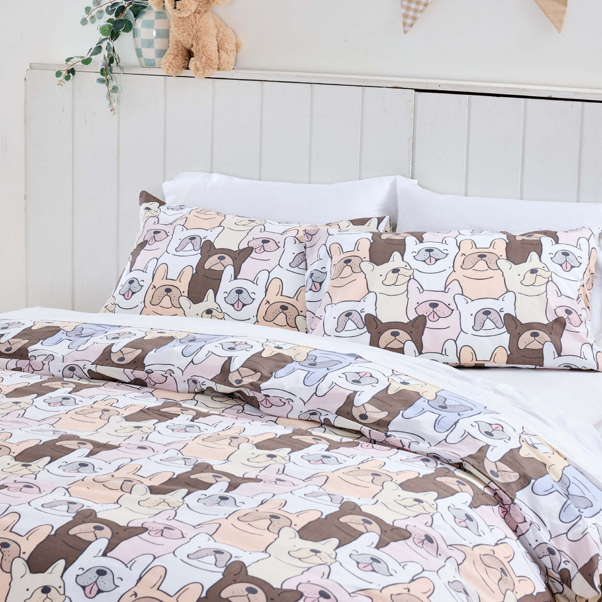 Twill & Co Frenchie duvet set with overlapping dog faces in brown, grey and cream