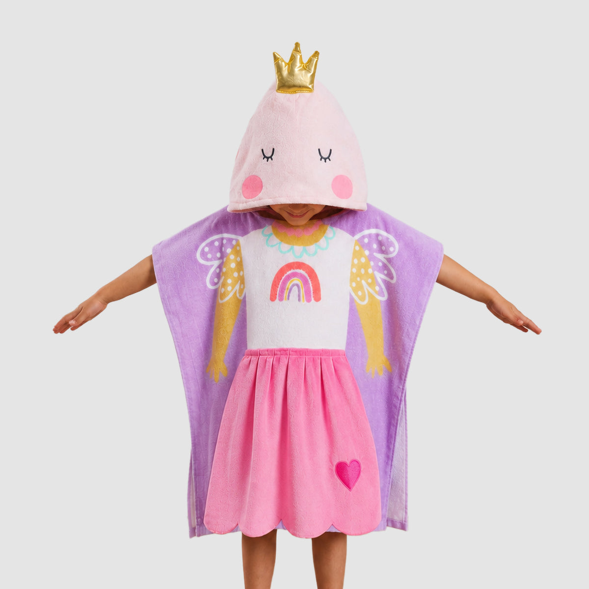 Child wearing a pink and purple Twill & Co princess hooded towel with a gold crown