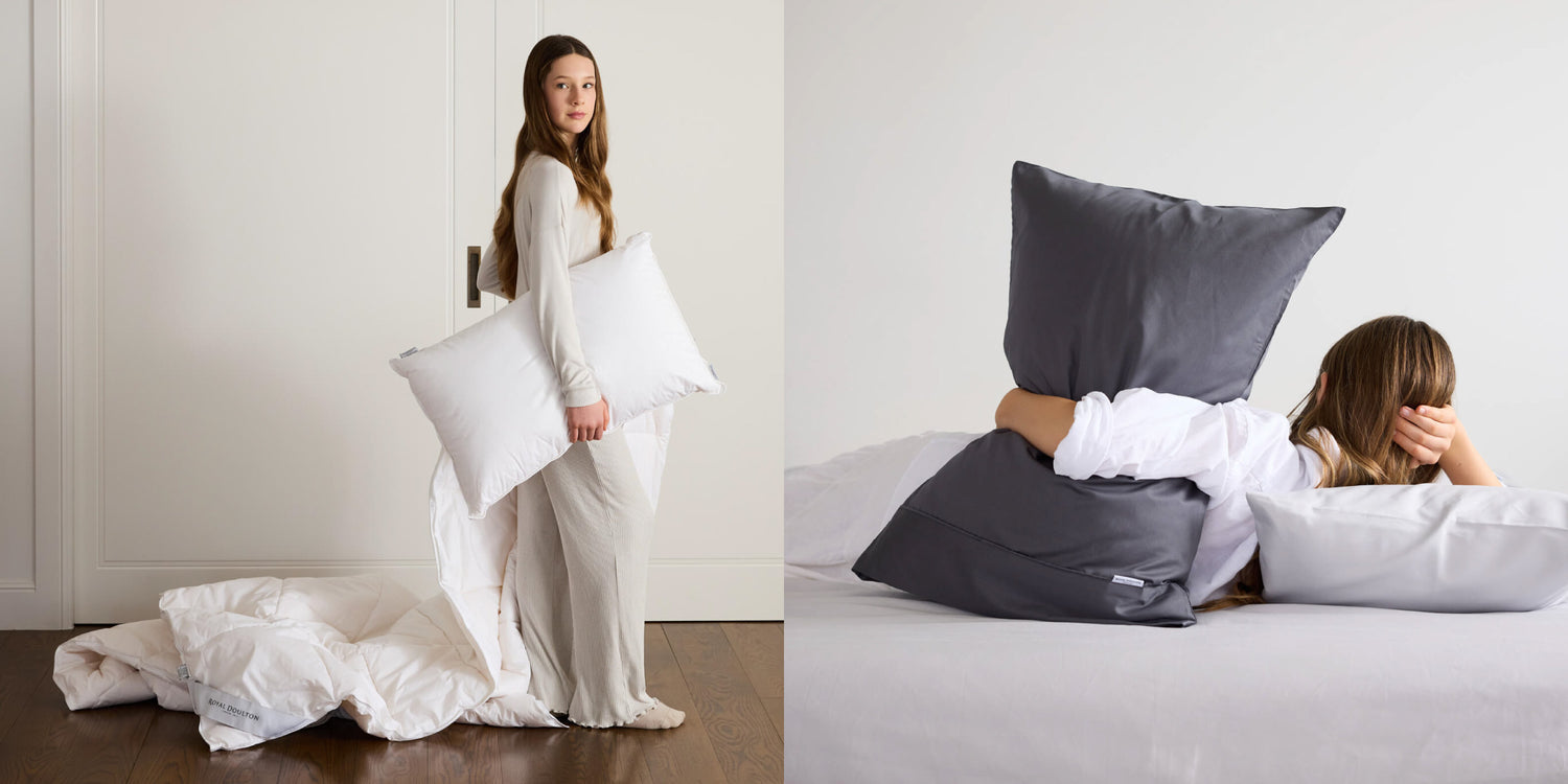 Woman holding white pillow inners beside a duvet inner and woman holding grey pillow inners on a bed