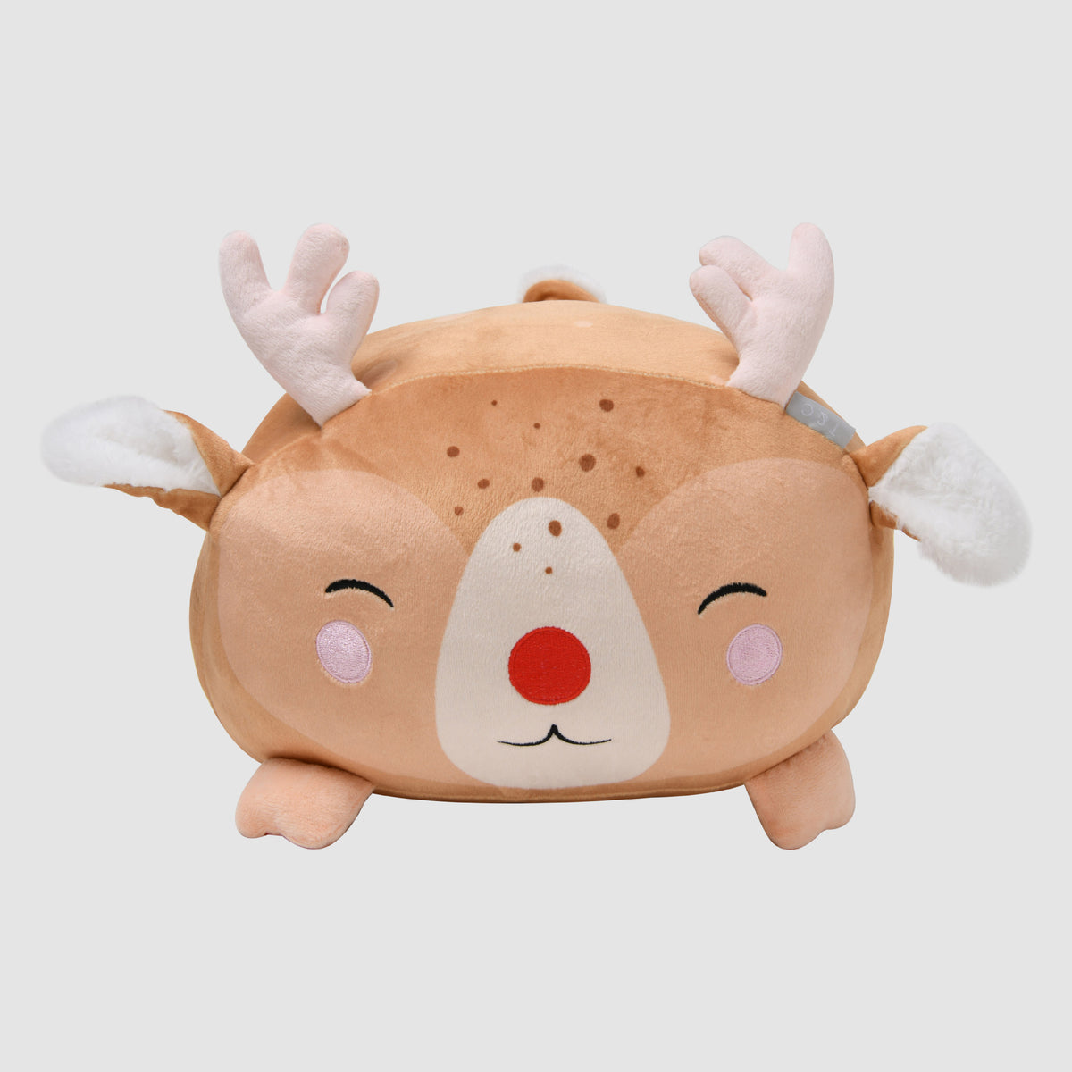 Twill & Co Christmas reindeer cushion with pale antlers, a red nose and a smiling face