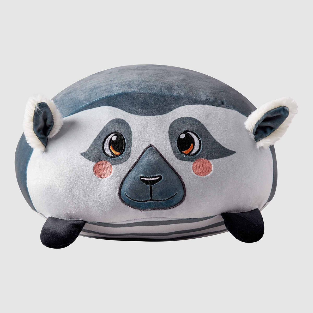 Grey Twill & Co lemur cushion with a round face, pink cheeks and a striped belly