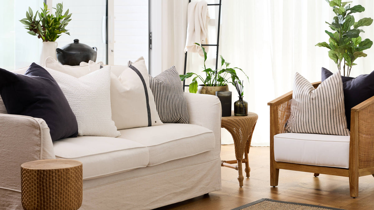 Neutral living room with white and charcoal cushions, cane seating and indoor plants